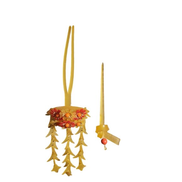 2 Rare Antique Japanese Konsashi Floral Hair Clip With Dangling Leaf Design & Ma - Picture 1 of 12